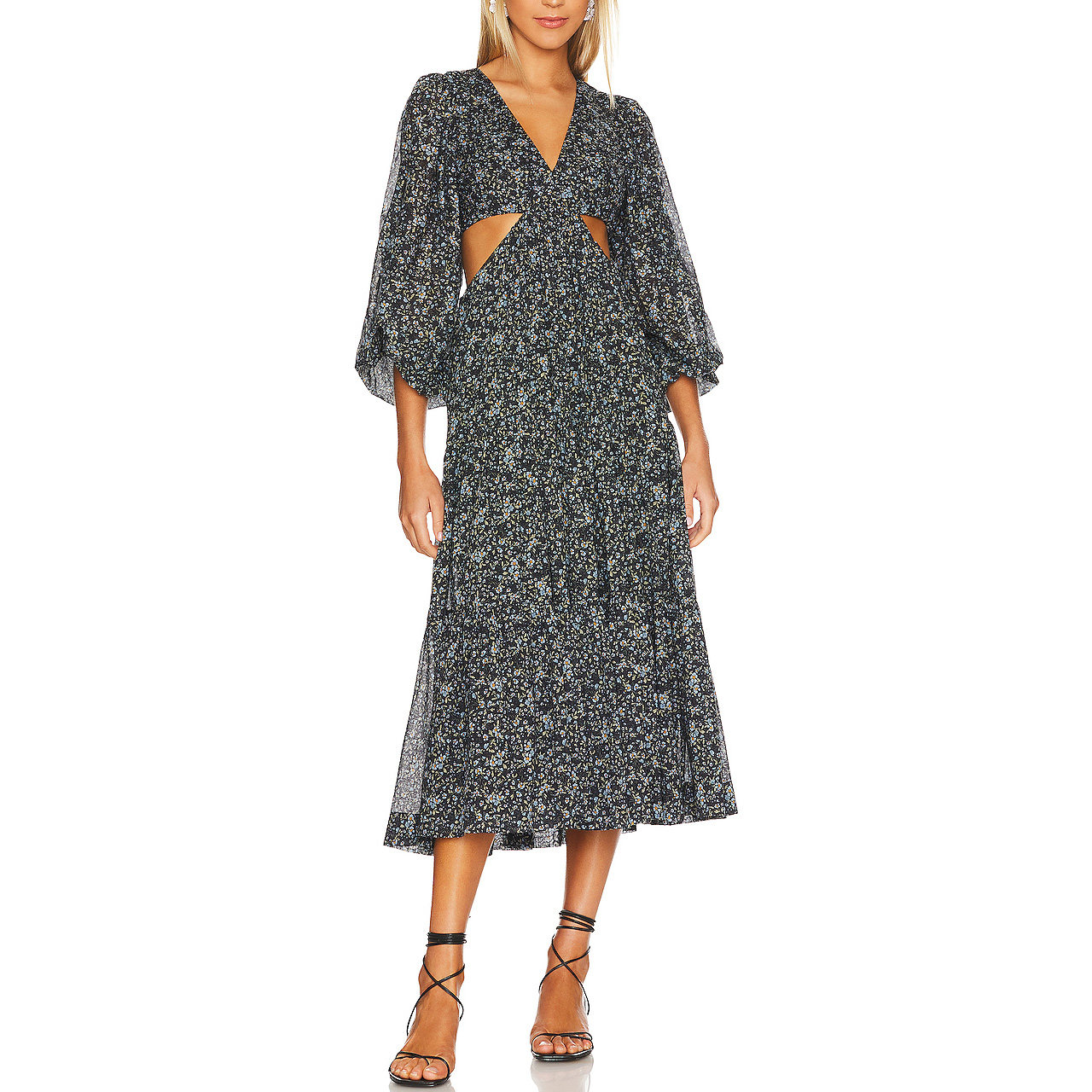 FASHIONABLE WOMEN BLACK FLORAL LONG SLEEVE CUT- OUT MIDI DRESSES